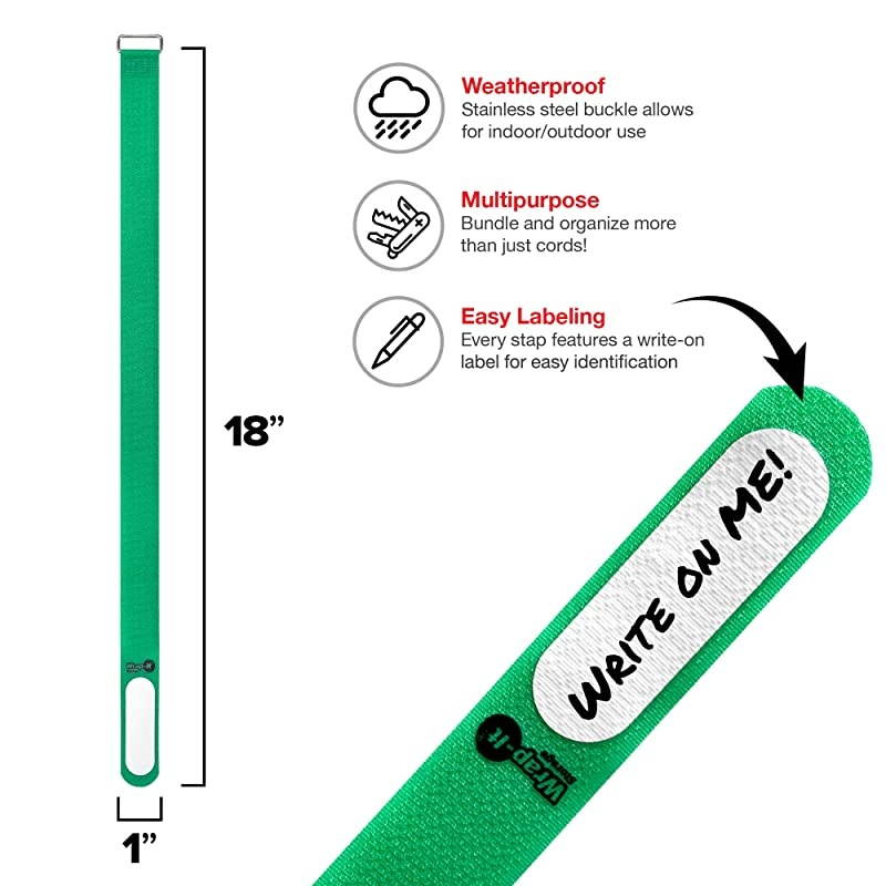 Storage CinchStraps 18quot 12 Pack Green Features Stainless Steel Buckle and Write on Label for Easy Cord Identification and Cable Management Reusable MultiPurpose Securing Cinch Straps
