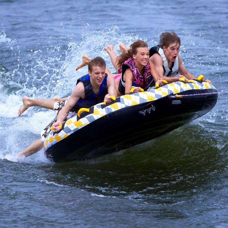 Rave Sports 02408 Mass Frantic 4 Rider Inflatable Lake Towable Boat Tube Float with Foam Handles, EVA Knuckle Guards, and Anti Chafe Guard
