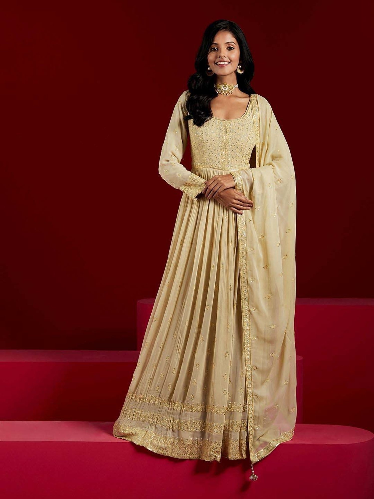 Libas Art Beige Embroidered Kurta Pant Set With Dupatta