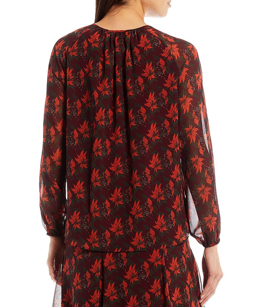 Julie Brown Nyda Floral Print Sheer Long Raglan Sleeve Tie Detail Round Neck Coordinating Blouse