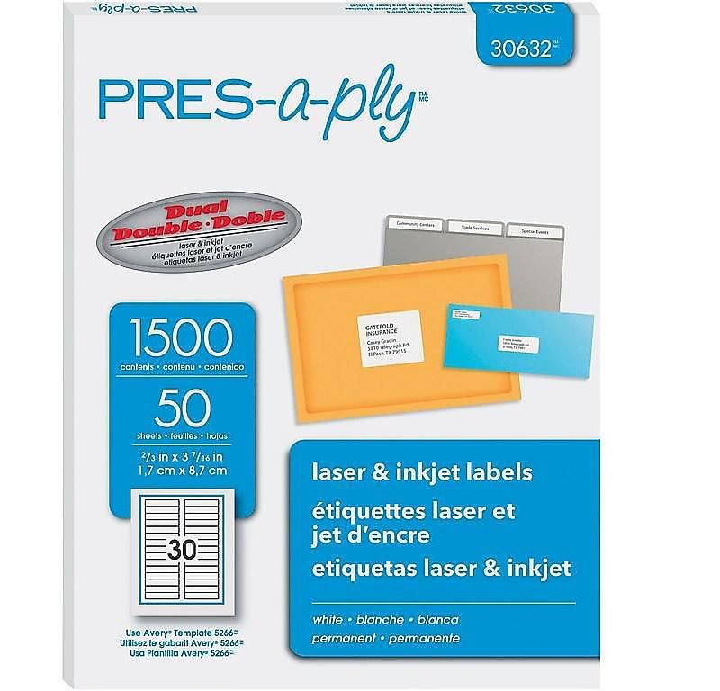 Pres-A-Ply Laser File Folder Labels 2/3 x 3 7/16 White 1500/Box 30632