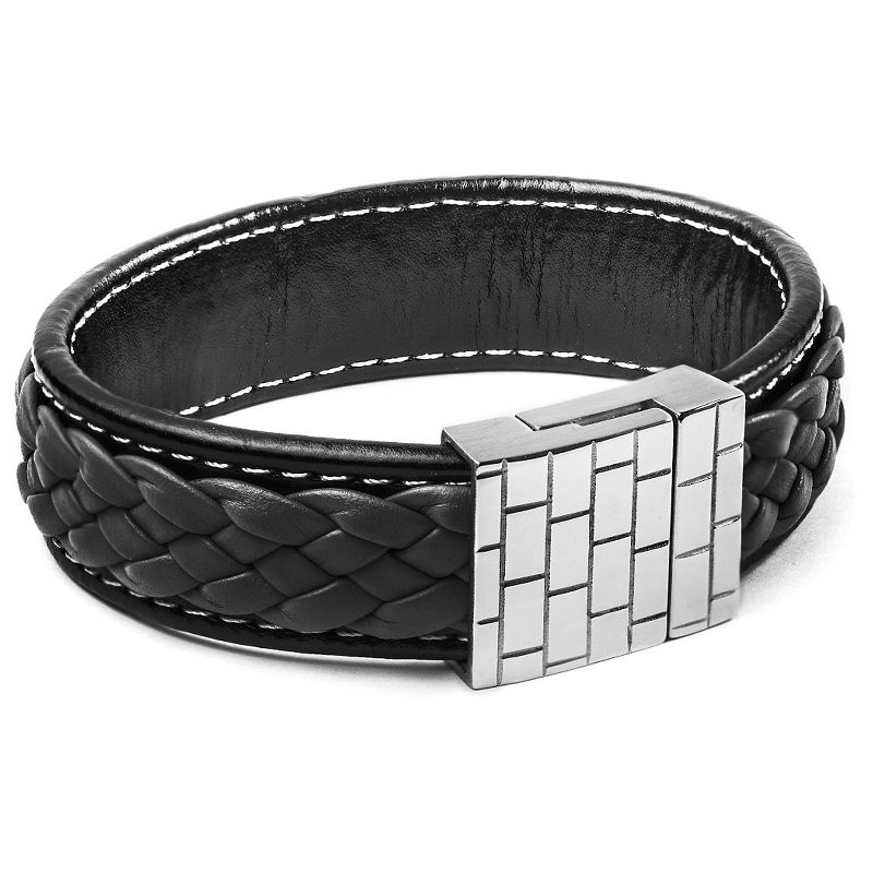 Men's Crucible Black and Charcoal Stainless Steel Braided Leather Bracelet