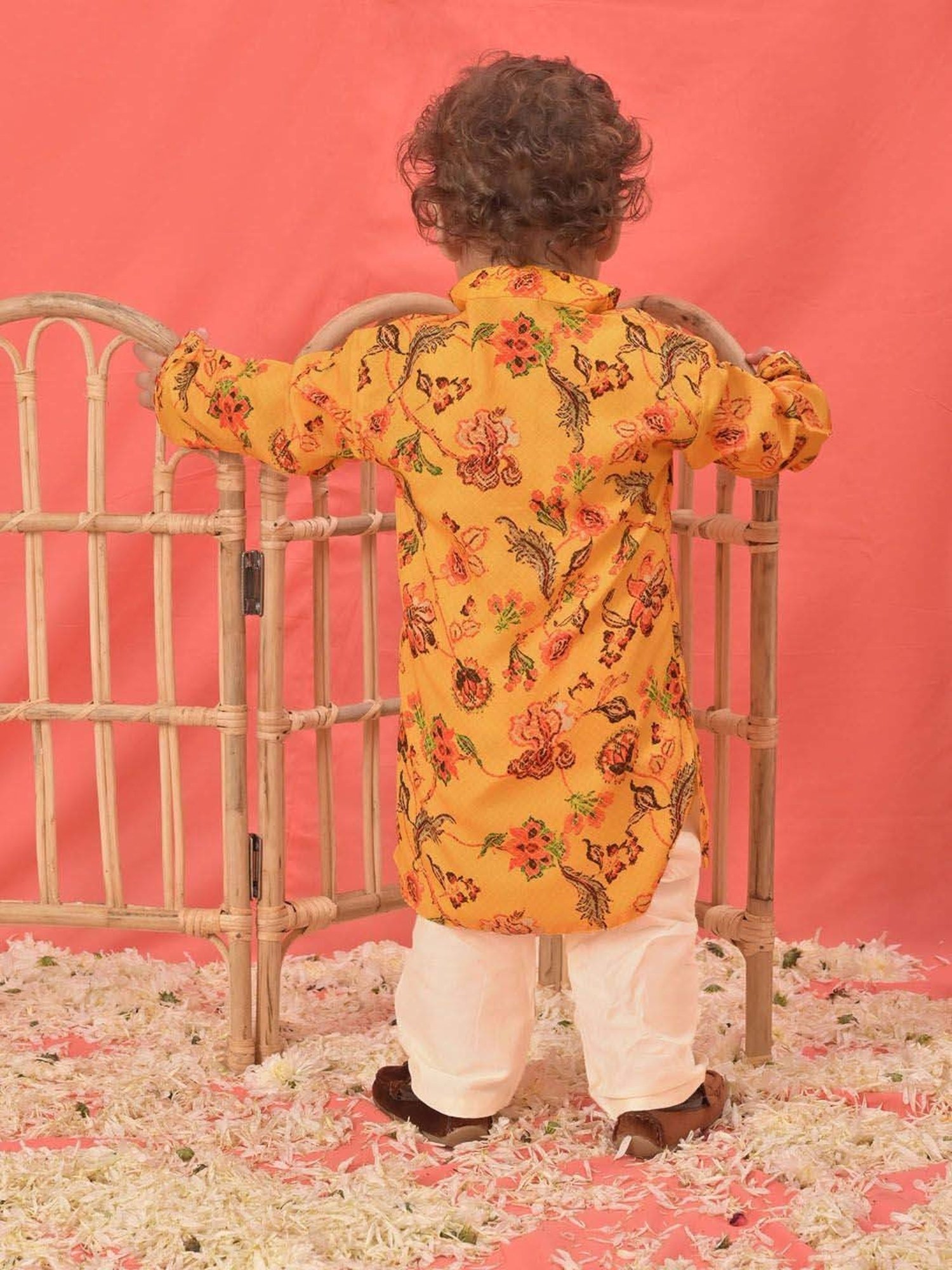 VASTRAMAY Boys Mustard & Cream Floral Full Sleeves Kurta Sets
