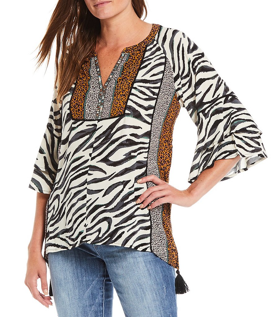 Democracy Mixed Animal Border Print Bead Notch Neck Detail Tassel East-West Hemline Double Flounce Sleeve Top