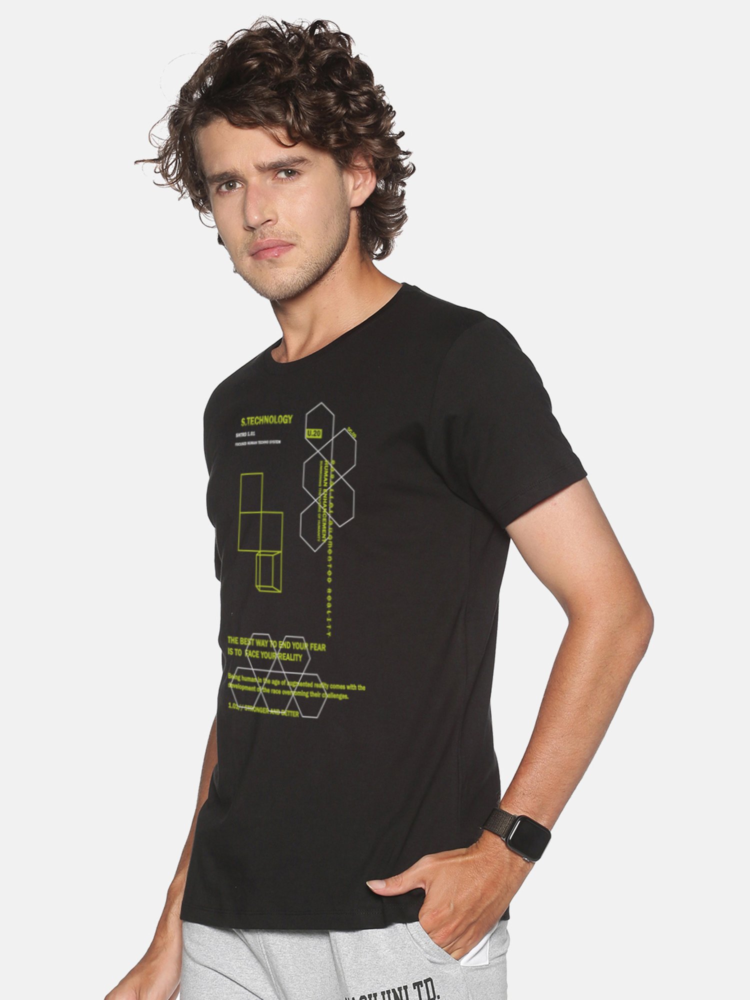 BLACK RADIO Black Slim Fit Printed Cotton Crew T-Shirt