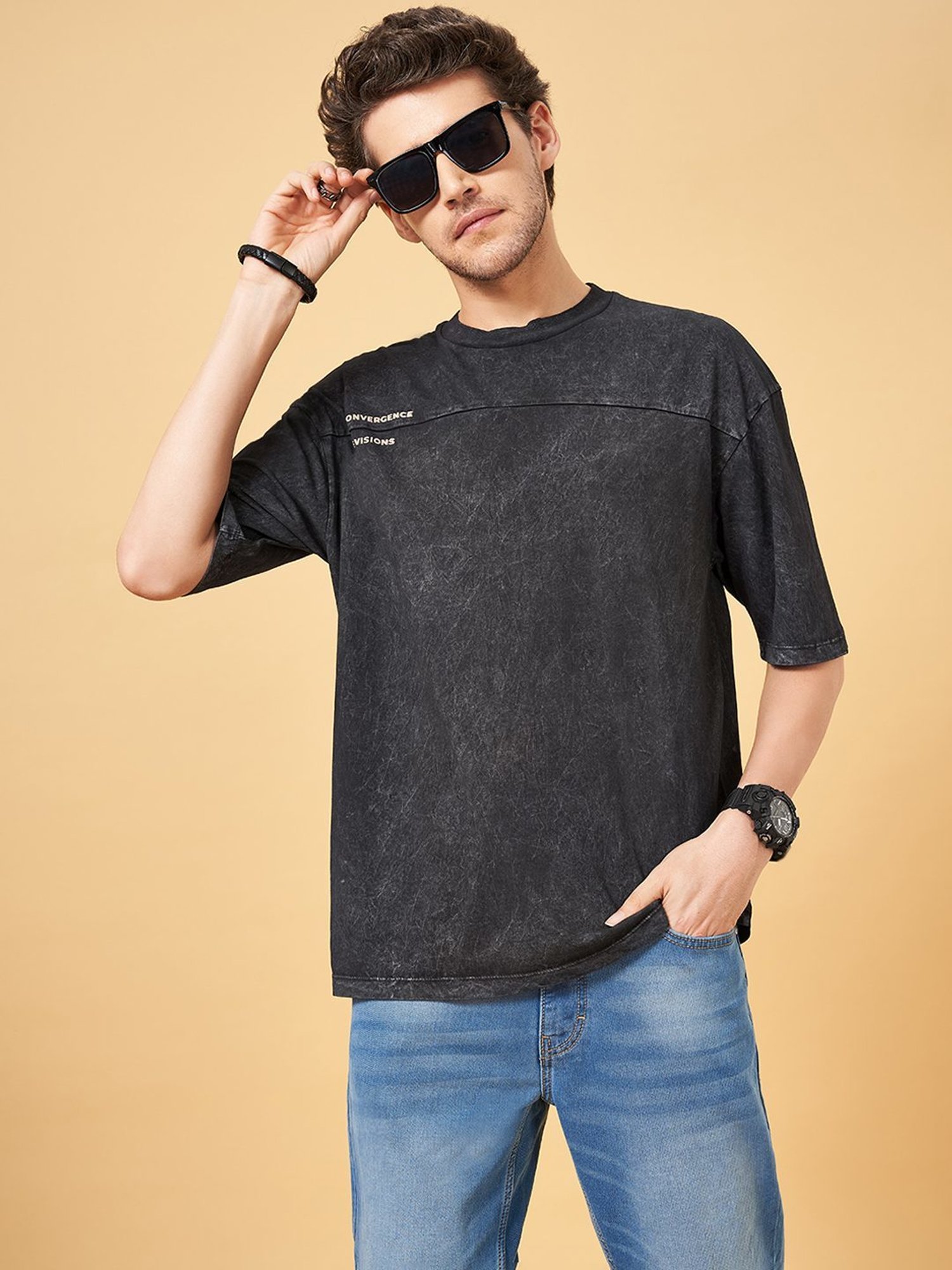 Sf Jeans By Pantaloons Jet Black Loose Fit Printed T-Shirt