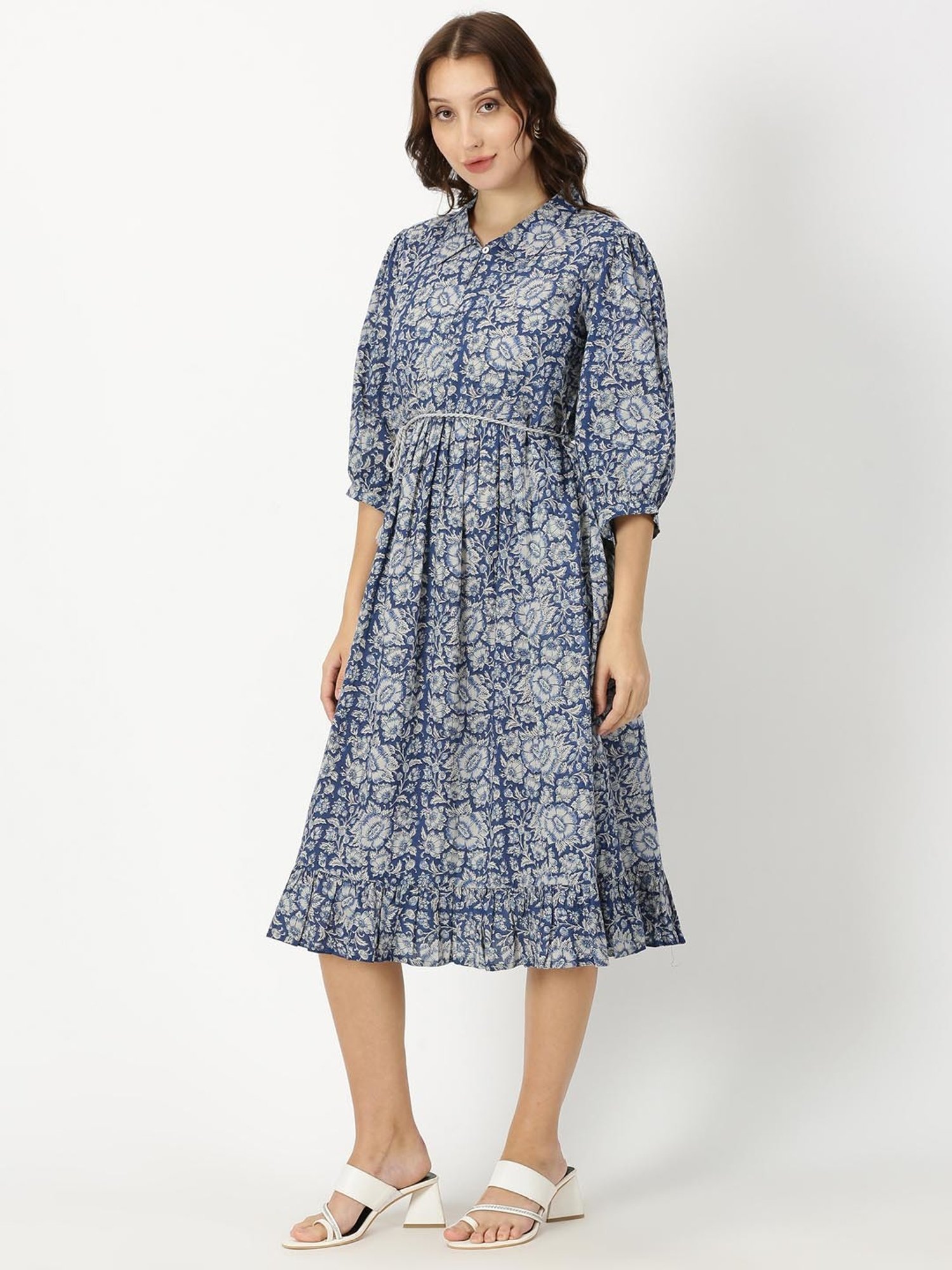 Saffron Threads Blue Cotton Floral Print Ethnic Dress