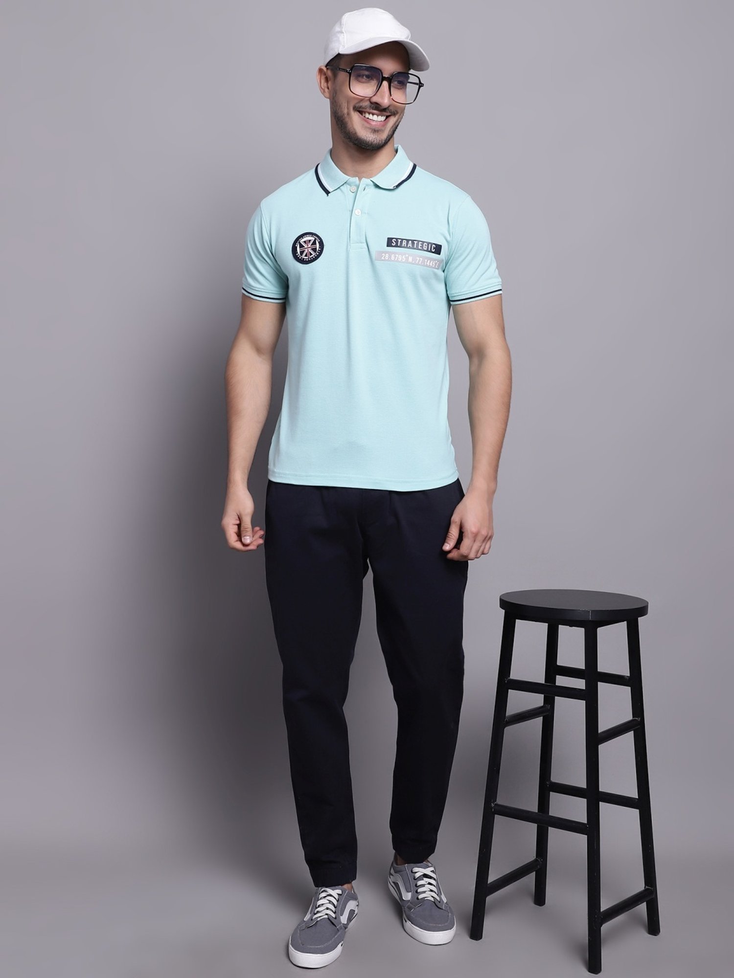 Cantabil Light Teal Regular Fit Printed Polo T-Shirt