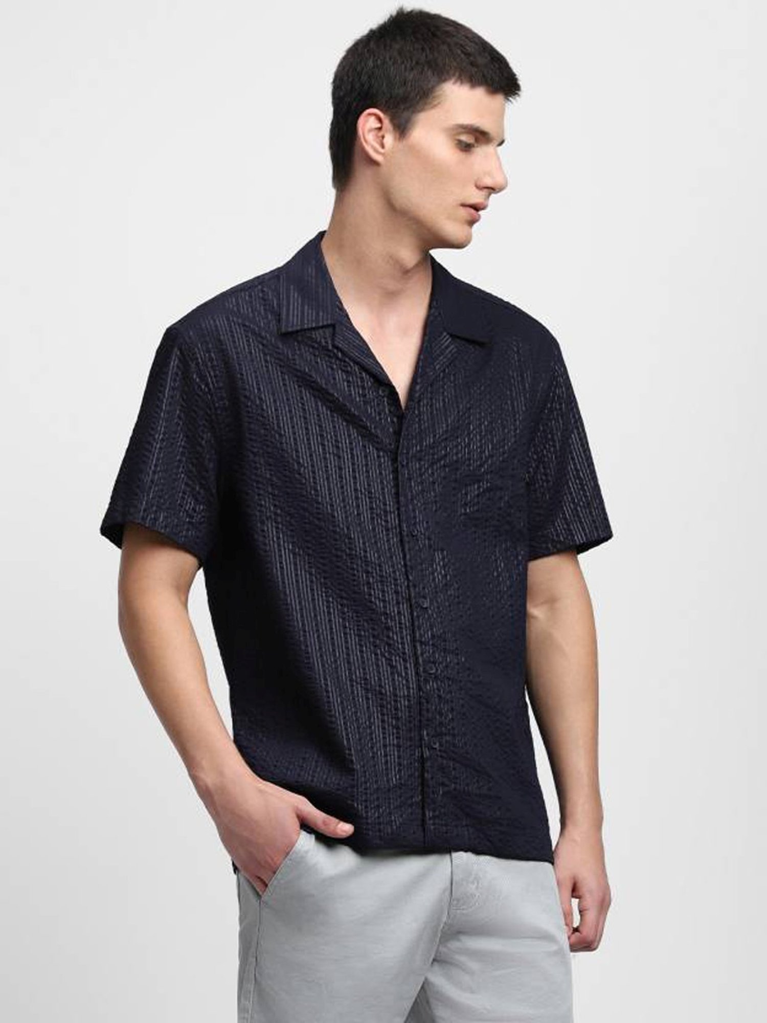 Dennis Lingo Navy Cotton Slim Fit Self Pattern Shirt