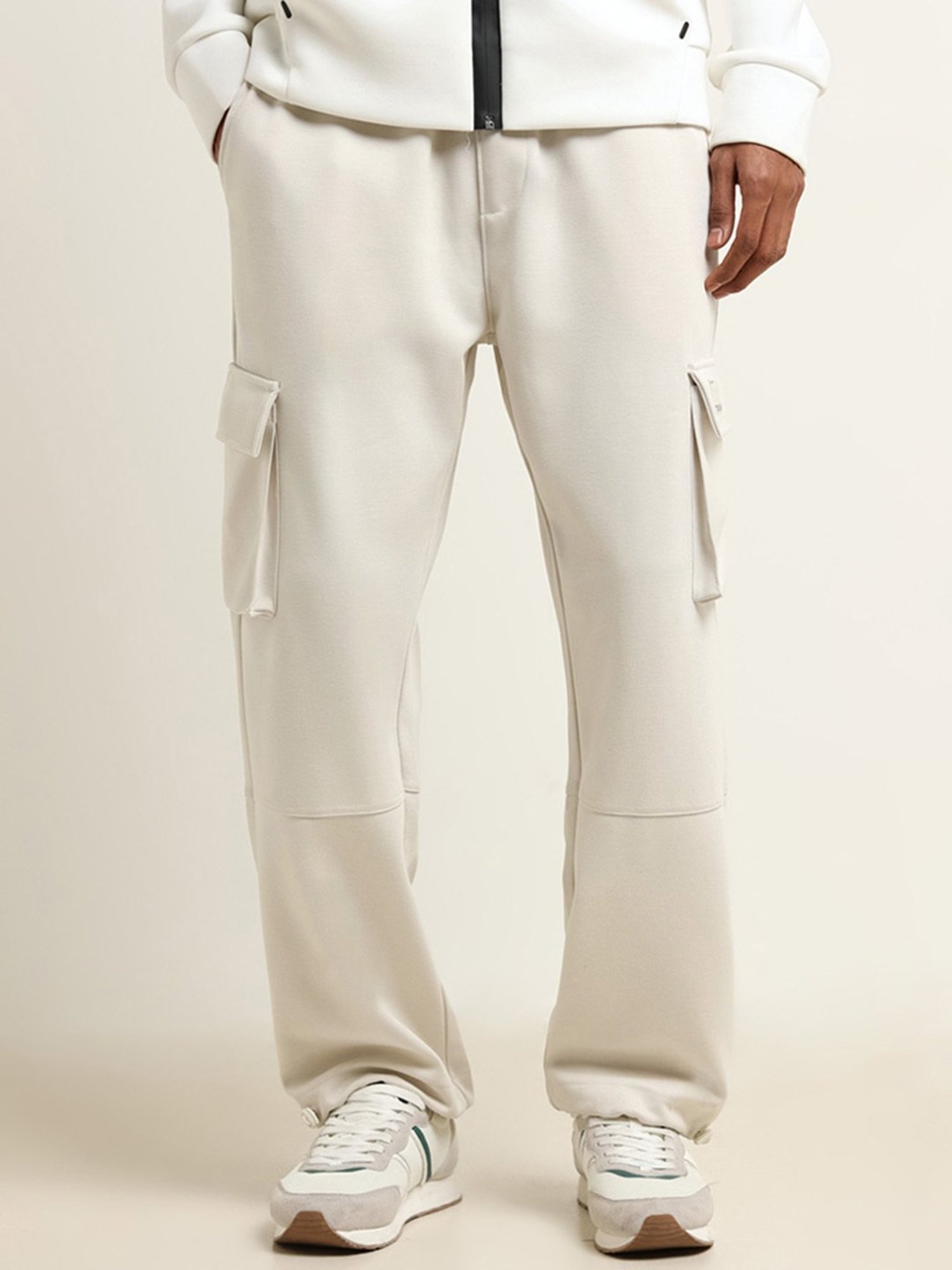 Studiofit by Westside Cream Straight-Fit Mid-Rise Cargo Track Pants