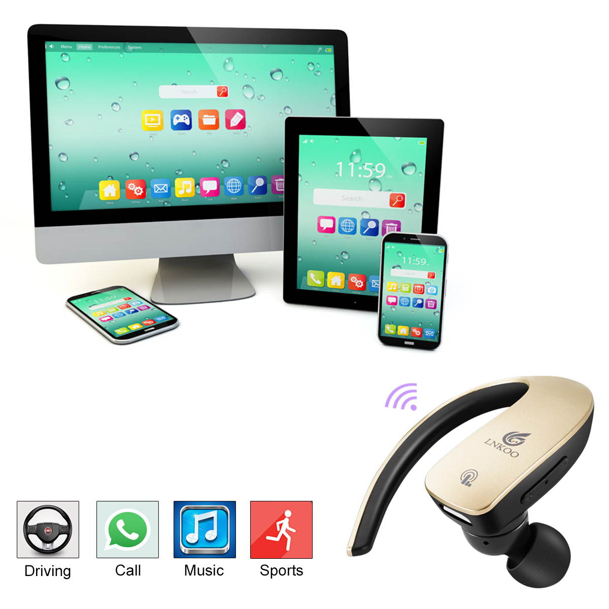 LNKOO Bluetooth Wireless Stereo In Ear Headset Earbuds With Mic - Hands-Free, Touch Sensitive Controls Headphones- Noise Isolation Technology - Silver