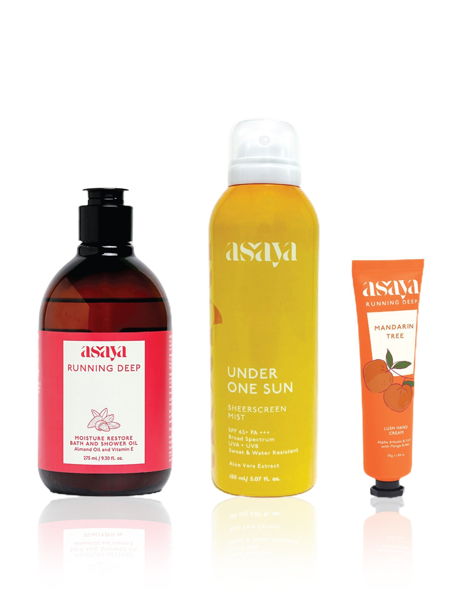 Asaya Sunscreen Spray, Bath and Shower Oil & Lush Hand Cream - Pack of 3