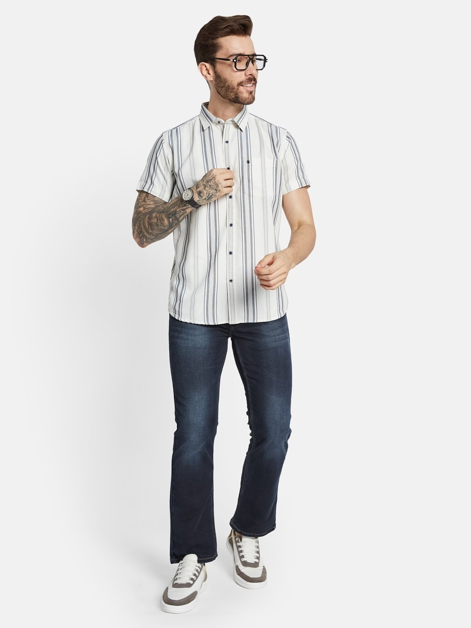 Mettle Off White Cotton Regular Fit Striped Shirt
