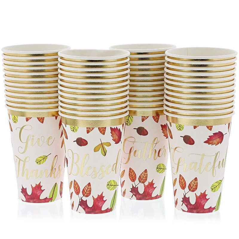 Sparkle and Bash 48 Pack Thanksgiving Disposable Party Paper Cups, Fall Leaf & Gold Foil Design