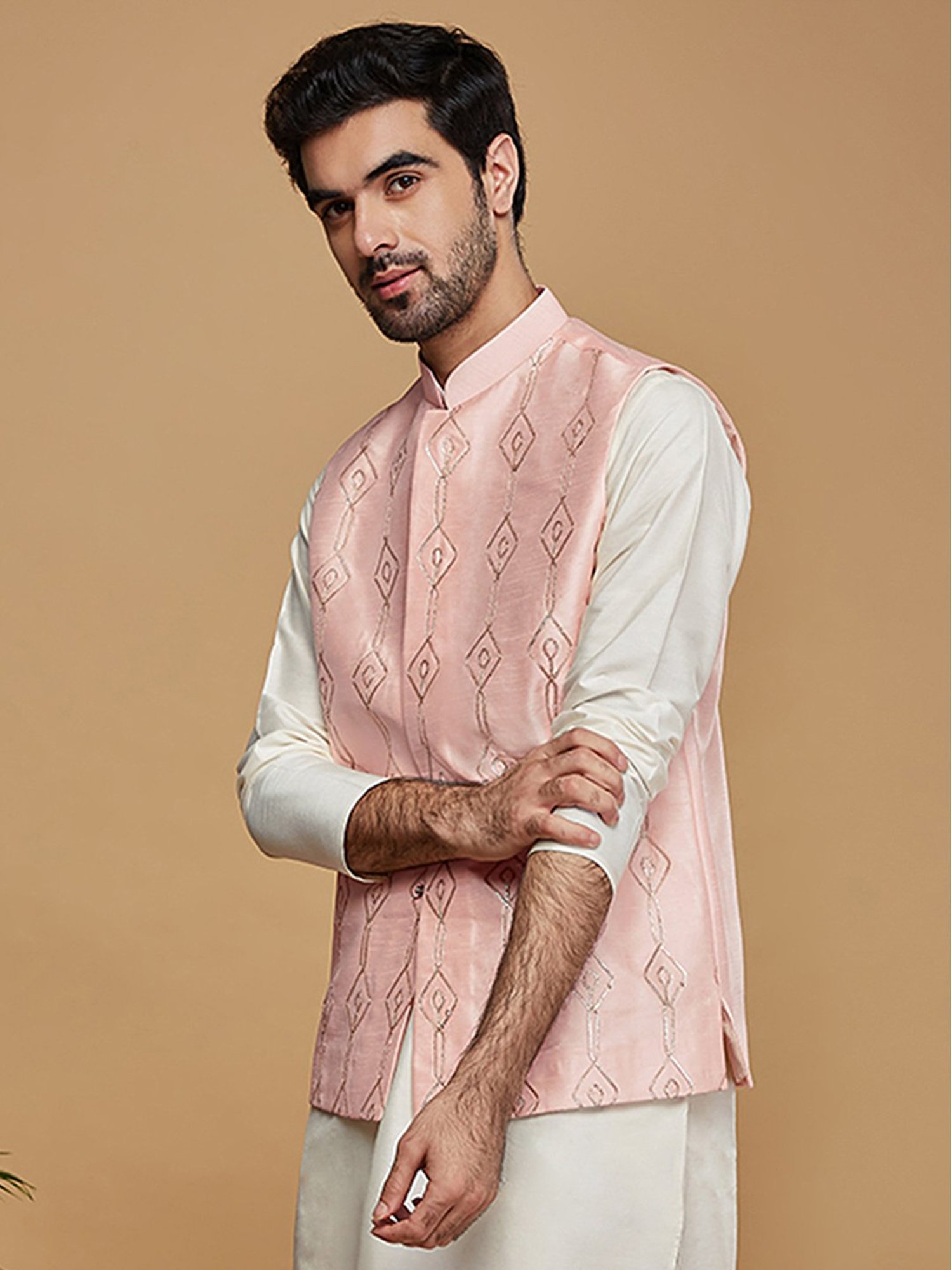 KISAH Pink Regular Fit Embroidered Nehru Jacket