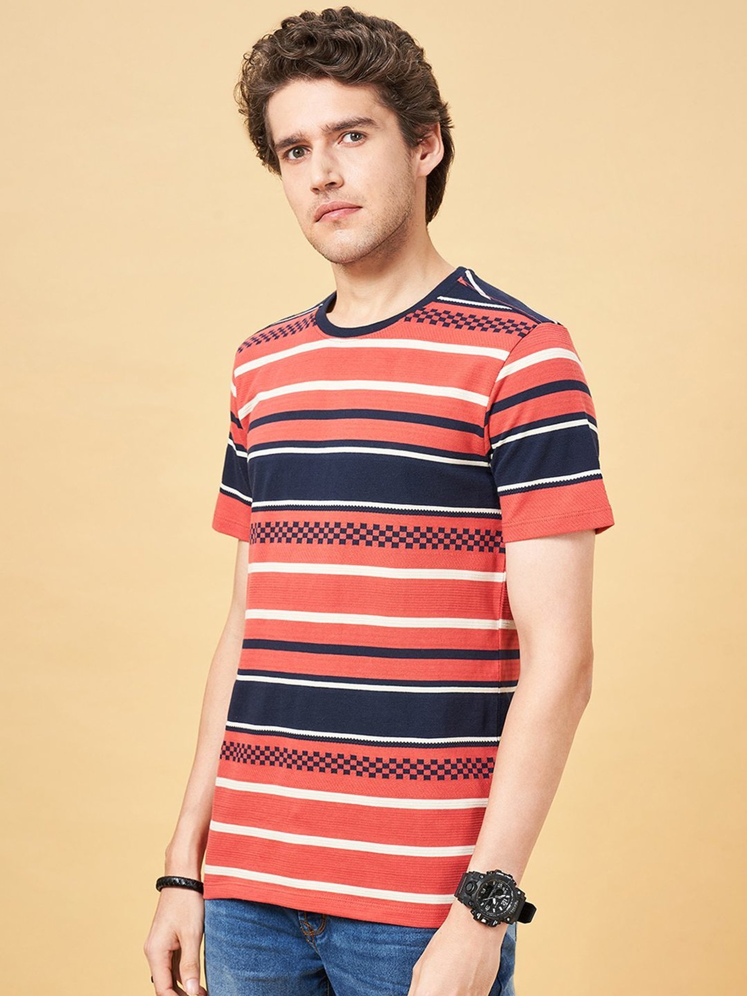 SF Jeans by Pantaloons Tabasco Cotton Slim Fit Striped T-Shirt