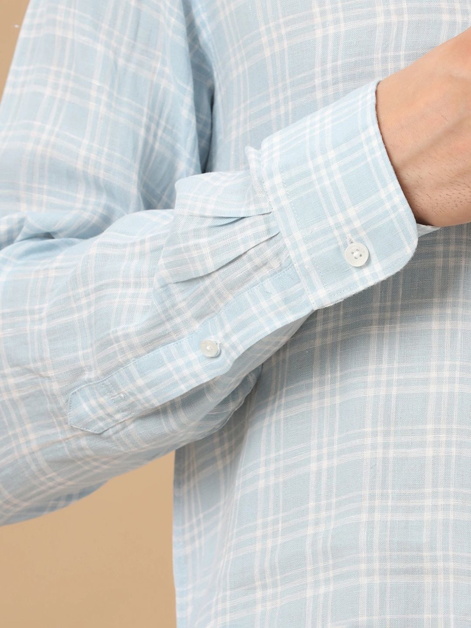 Linen Club Blue Linen Contemporary Fit Checks Shirt