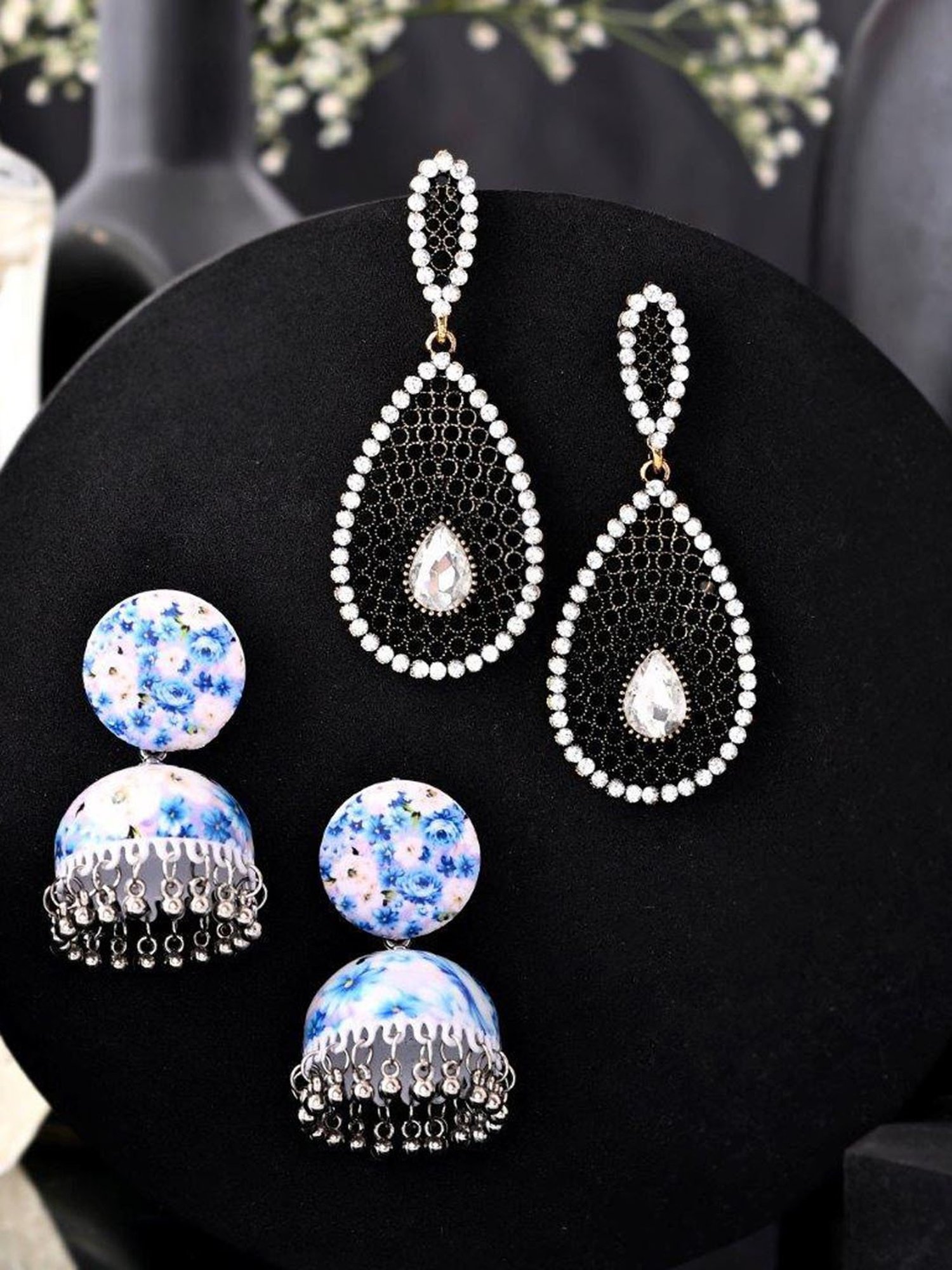 VOJ Set of 2 Earrings- Blue Printed Jhumka with Black AD Studded Drop Earrings for Women