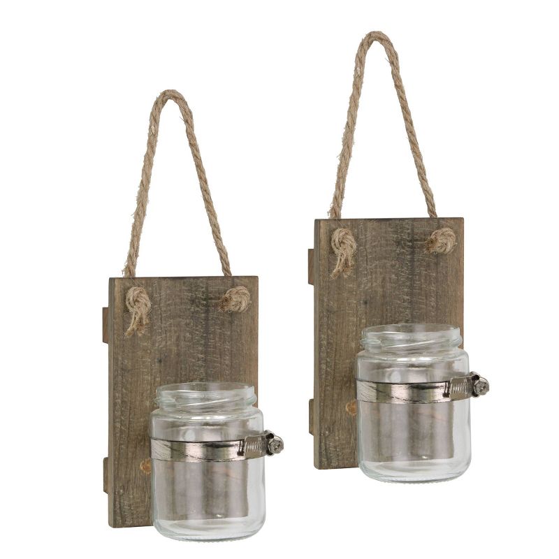 Set of 2 5.5" x 3.3" Rustic Natural Wood Mason Jar Wall Sconce Set Brown - Stonebriar Collection