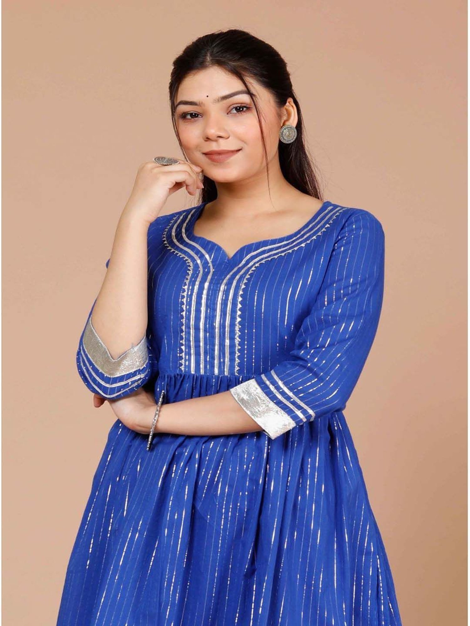 Miravan Blue Cotton Striped Kurti Sharara Set