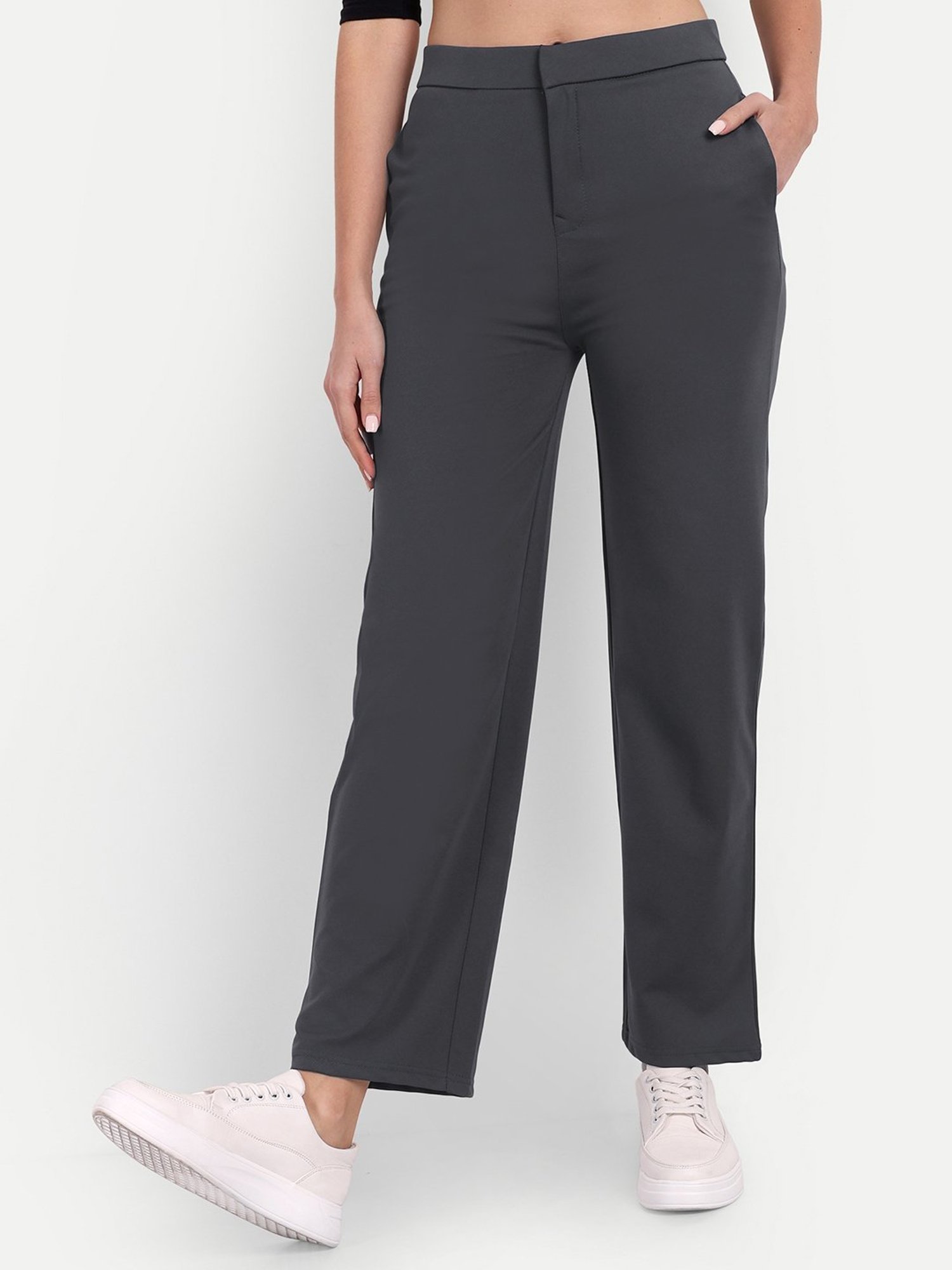 Broadstar Grey Straight Fit High Rise Trousers