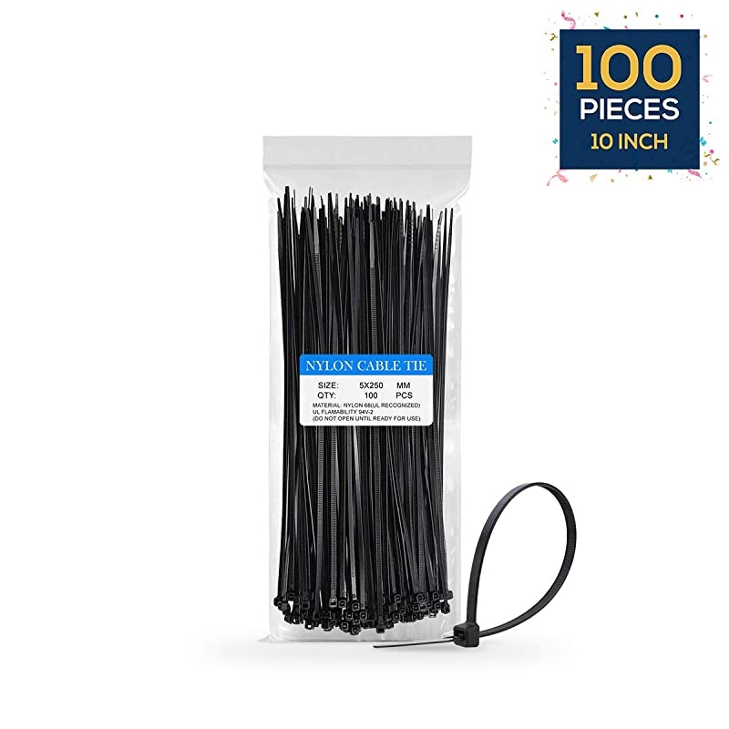 Zip Ties  - 10 Inches Nylon 66 Heavy Duty 50LB Tensile Industrial Strength UV Resistant, Adjustable Durable Self Locking Cable Tie for Home, Office, Garden, Garage Workshop (Black 100 Packs)