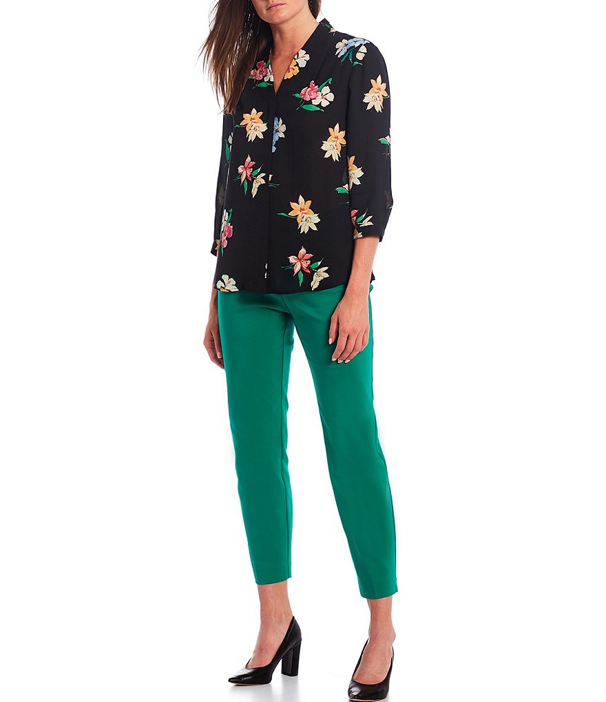 Ali Miles Petite Size Long Roll-Tab Sleeve Round V-Neck Pucker Knit Asymmetrical Tunic