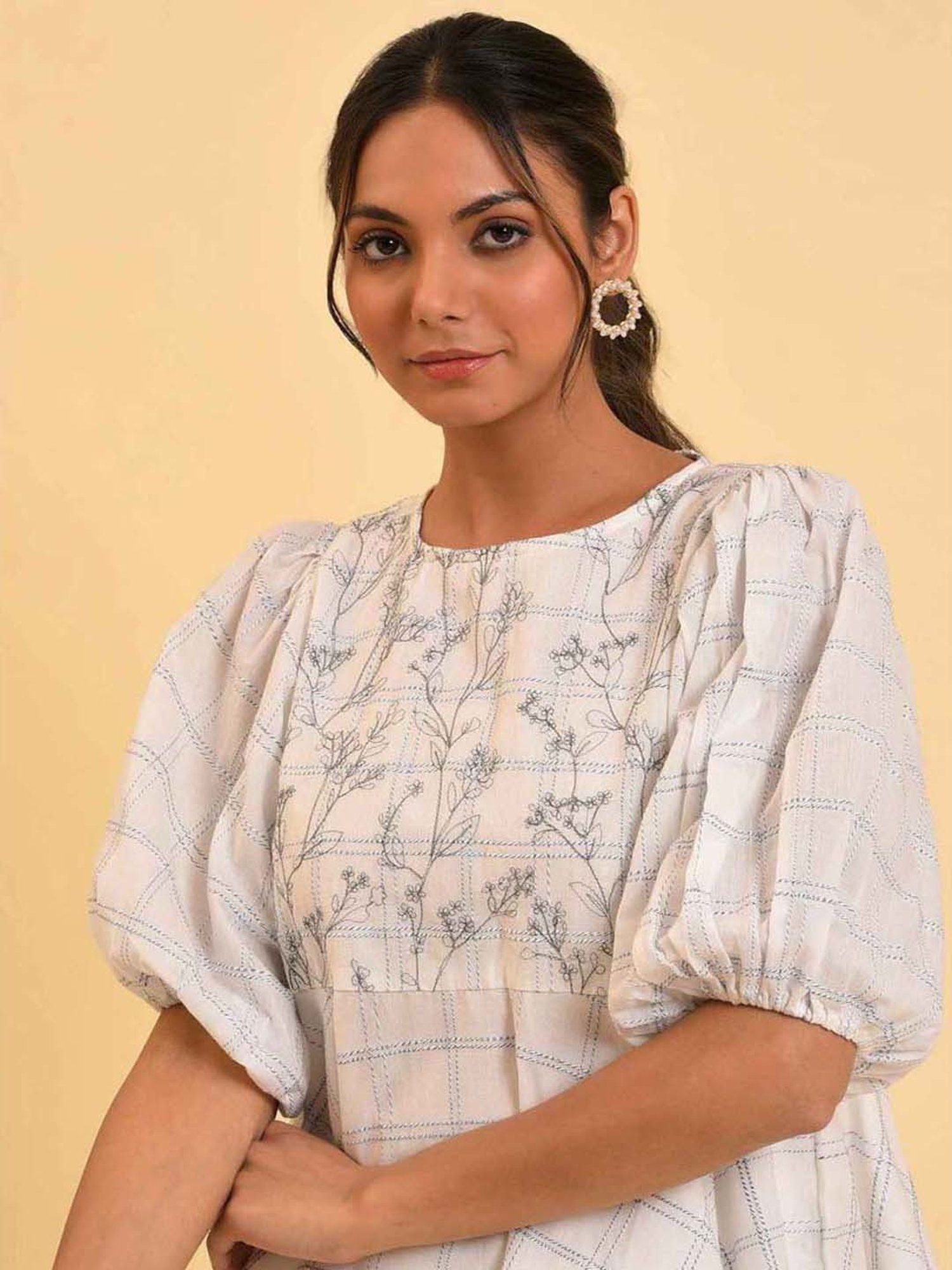 W Off-White Cotton Chequered Top