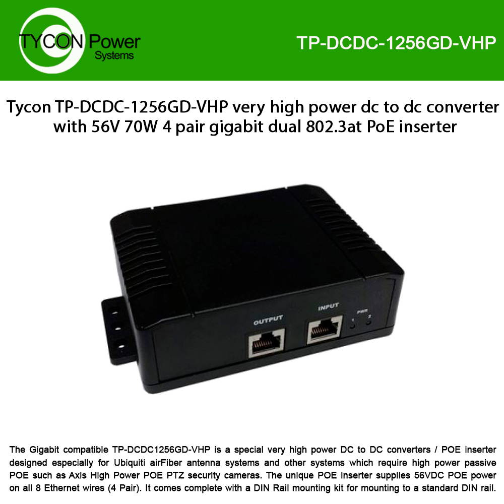 Tycon Power Systems TP-DCDC-1256GD-VHP very high power dc to dc converter with 56V 70W 4 pair gigabit dual 802.3at PoE inserter
