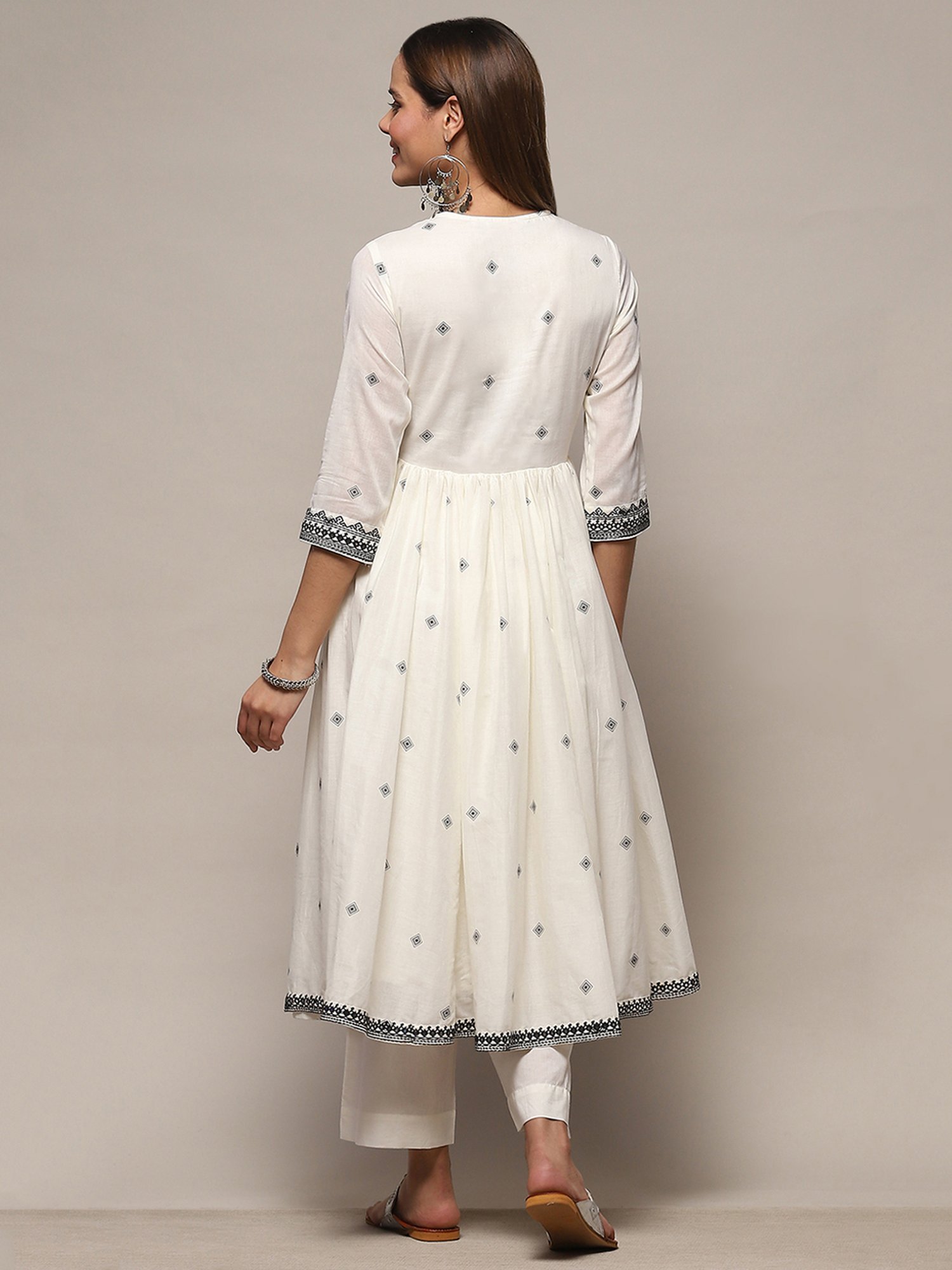 Biba Off White Embroidered Kurta With Palazzo & Dupatta