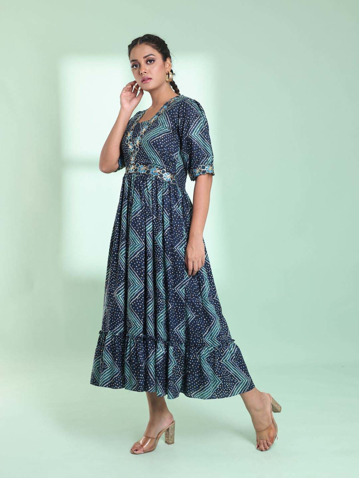 CHARUKRITI Blue Printed Maxi Dress