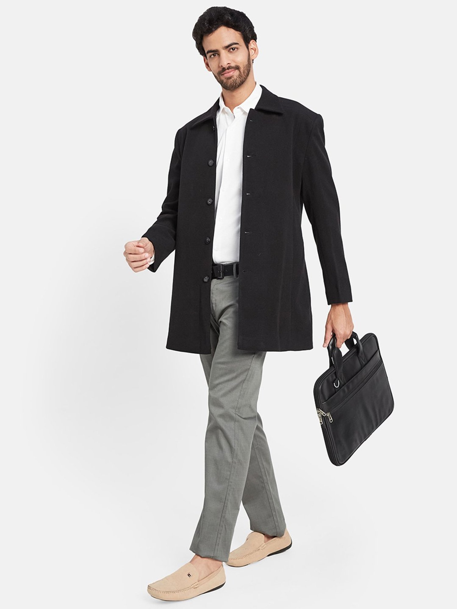 METTLE Black Regular Fit Shirt Collar Overcoat