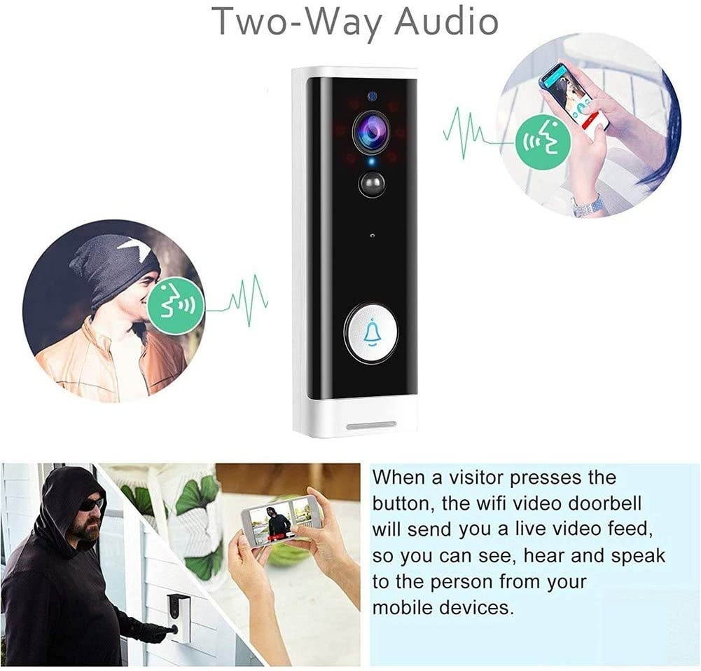 1080 Hd WiFi Video Doorbell Pro with Indoor Chime, Wireless Security Doorbell Alexa, PIR Motion Detection, Wide Angle, Night Vision, Real-Time Notification, Two-Way Talk,White,EU Voltage B
