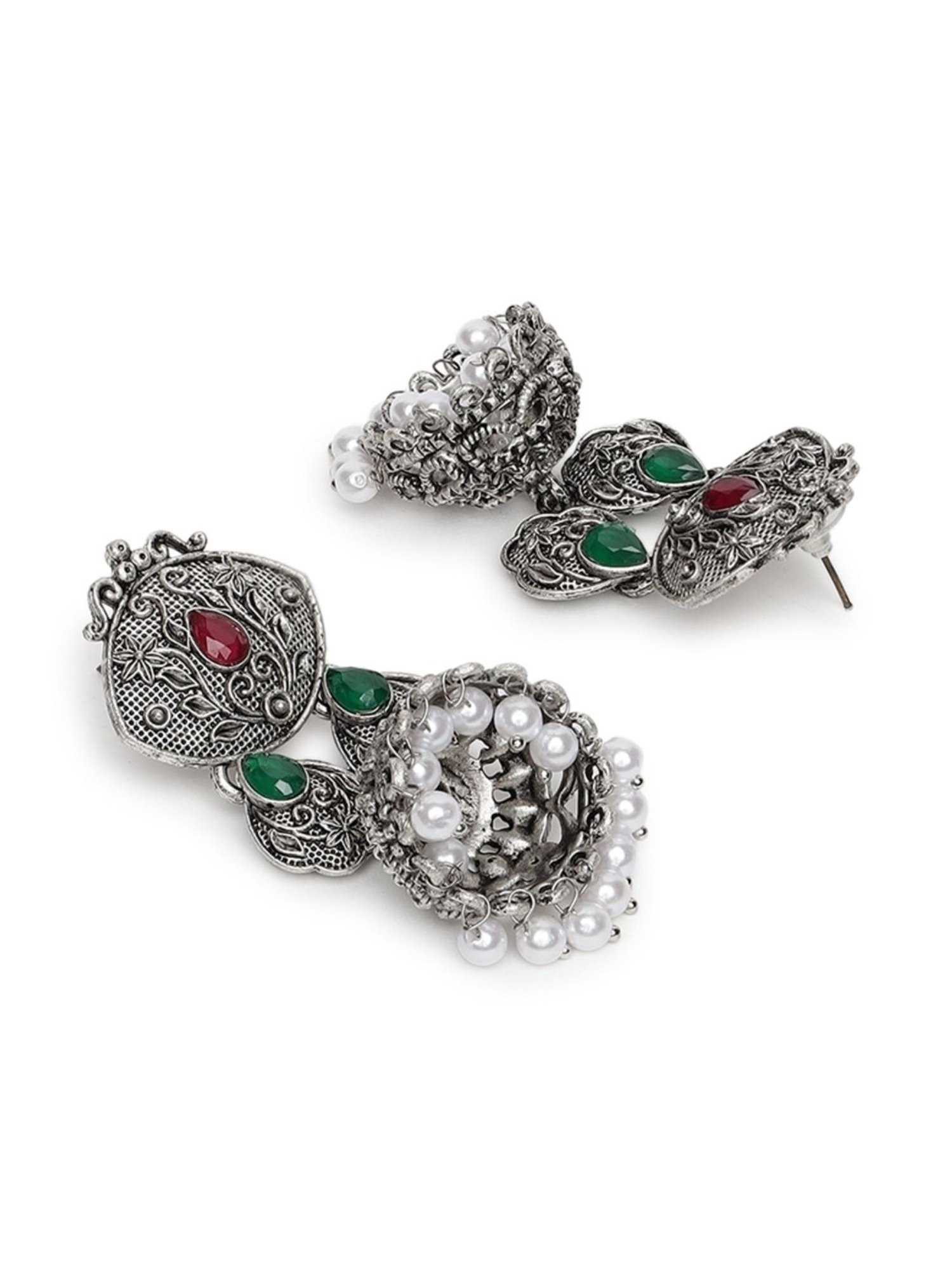 Aatmana Silver-Toned Ruby & Green Oxidised Classic Drop Jhumki Earrings for Women