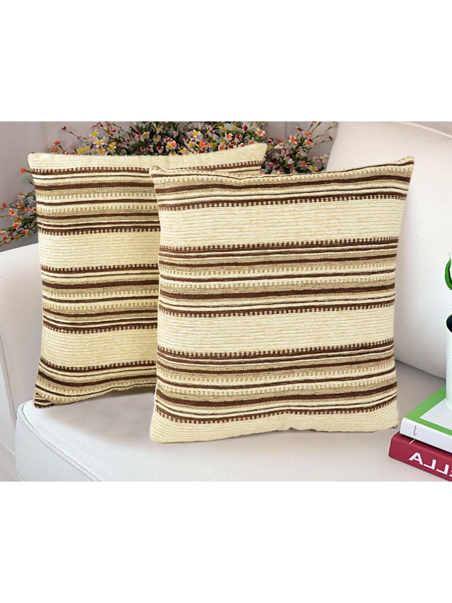 Saral Home Beige Chenille Cushion Covers - Set of 2