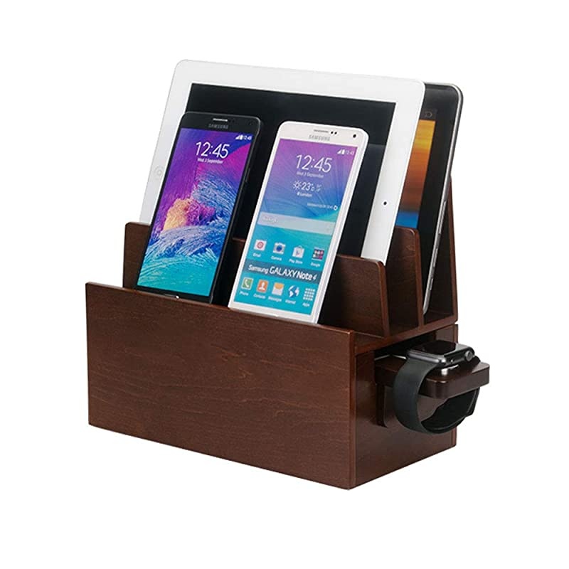 Wood Charging Station & Compatible Adapter for Apple Watch Combo Multi Device Organizer for Apple Watch, Smartphones, Tablets, Laptops, and More