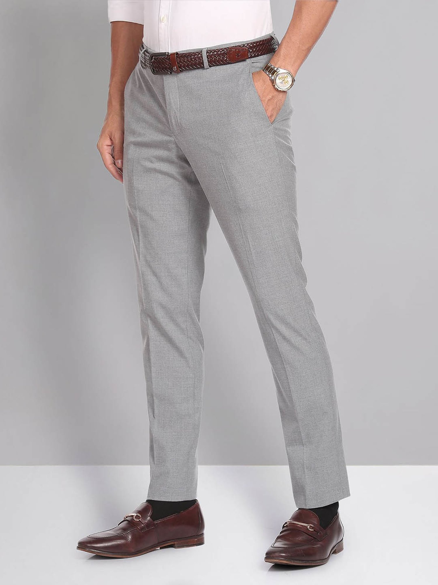 AD by Arvind Grey Slim Fit Flat Front Trousers