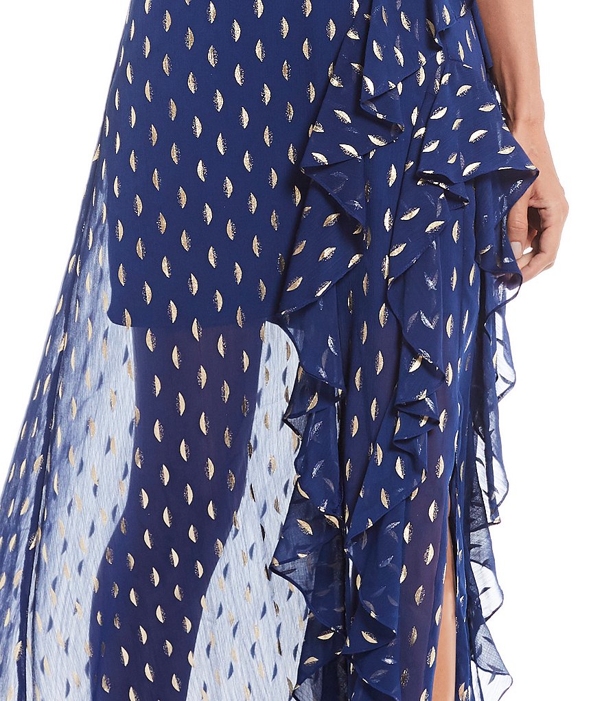 Betsy & Adam Metallic Ruffle Halter Sleeveless Gown