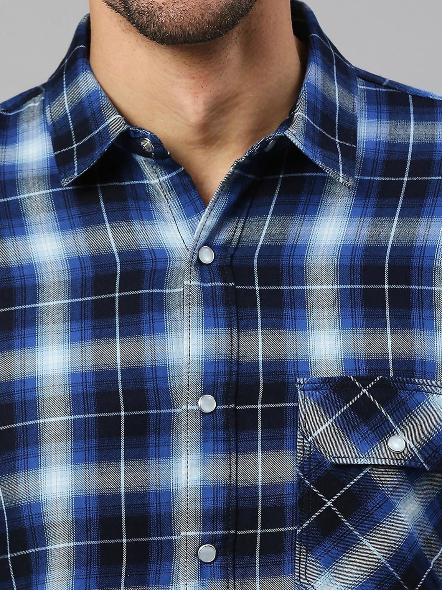 SOLEMIO Navy Slim Fit Check Cotton Shirt