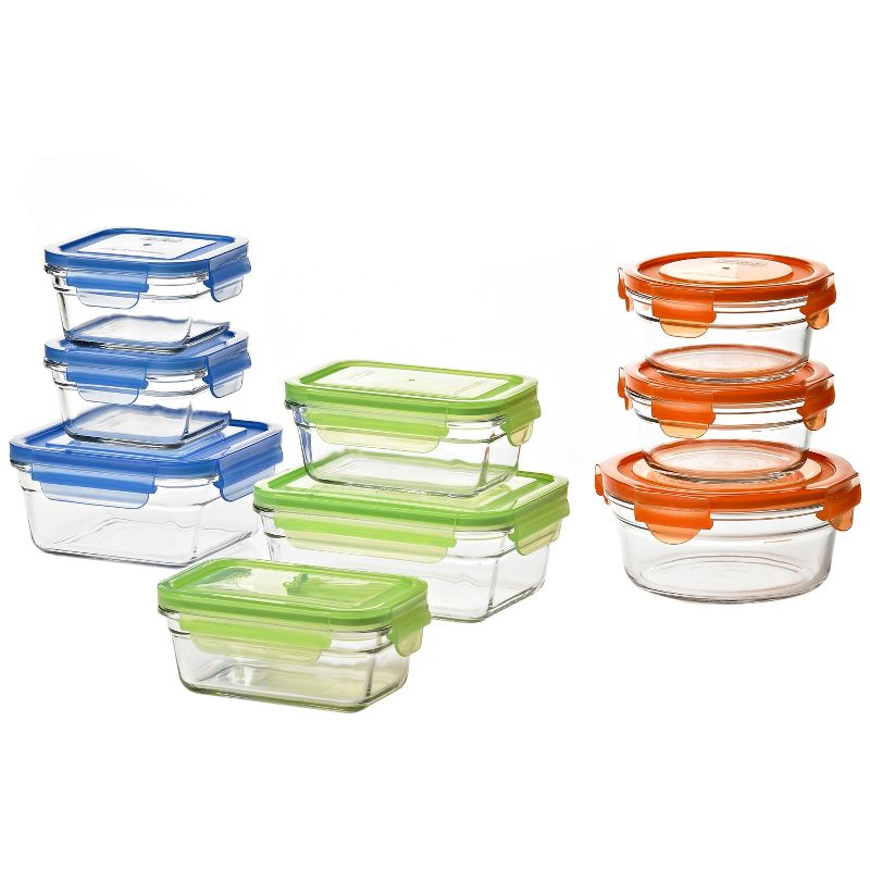 Glasslock Reusable Food Storage Container Set with Locking Lids for Leftovers and Meal Prepping, Oven & Freezer Safe, 18 Piece Set