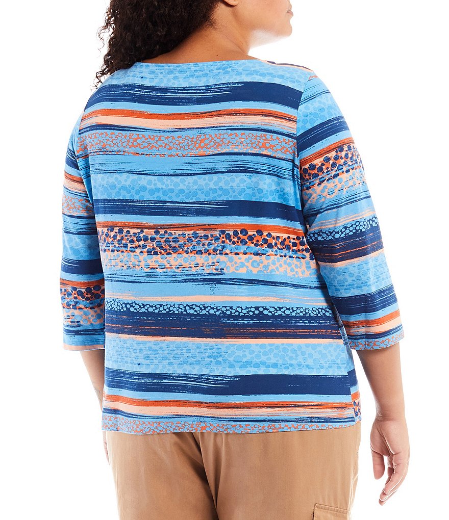 Ruby Rd. Plus Size Embellished Round Neck Spotted Brushstroke Stripe Print Knit Jersey 3/4 Sleeve Top