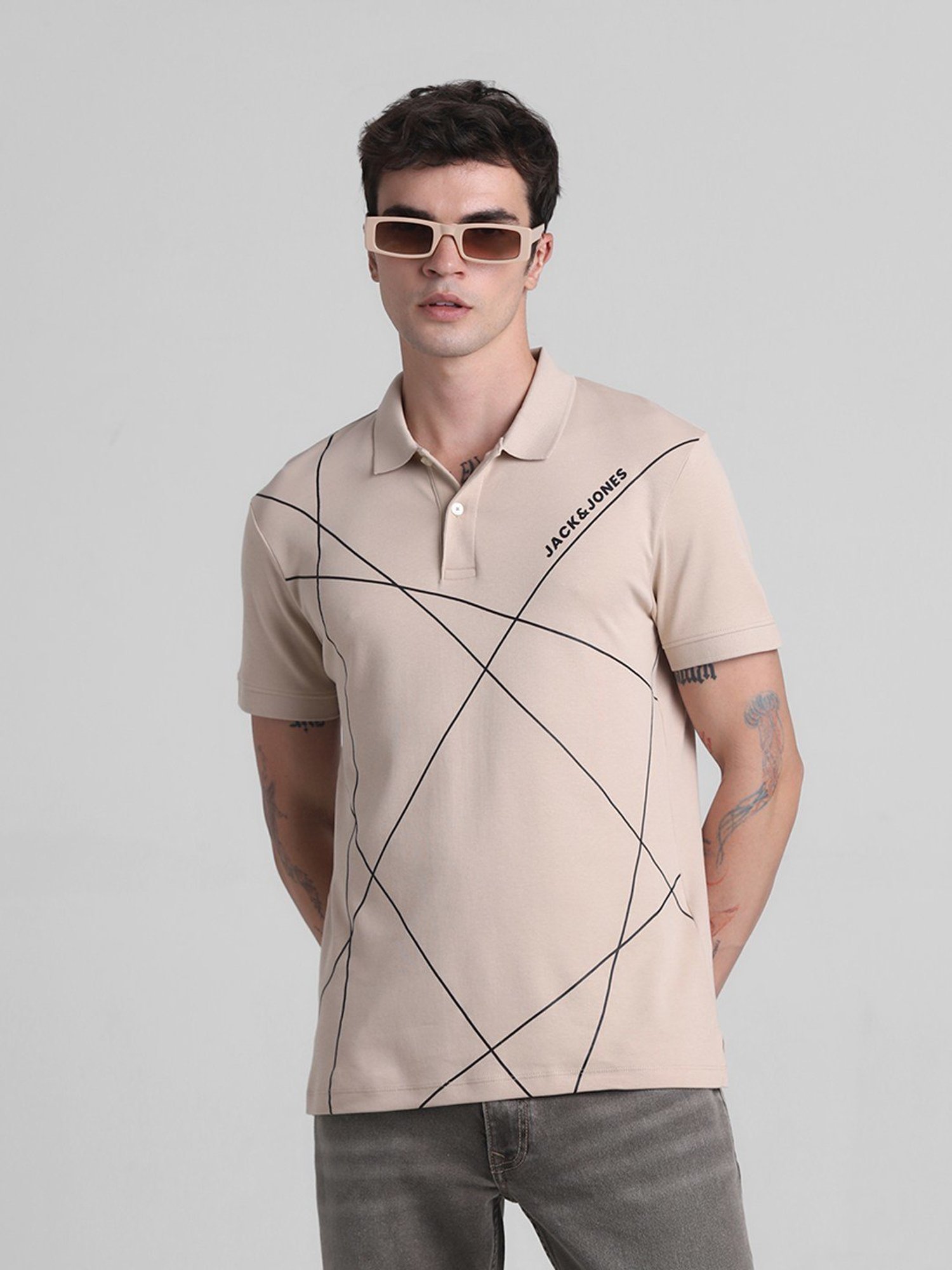Jack & Jones Doeskin Cotton Slim Fit Printed Polo T-Shirt