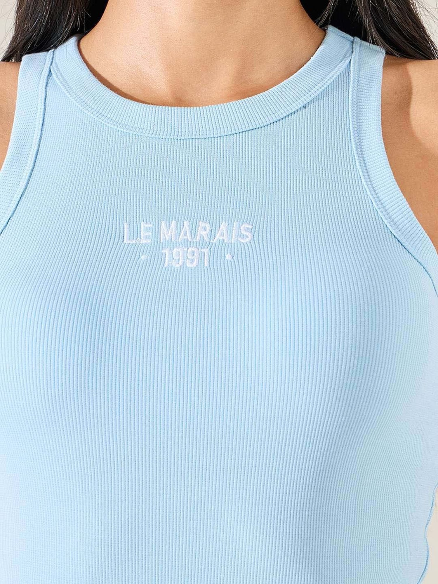 Styli Blue Cotton Embroidered Tank Top