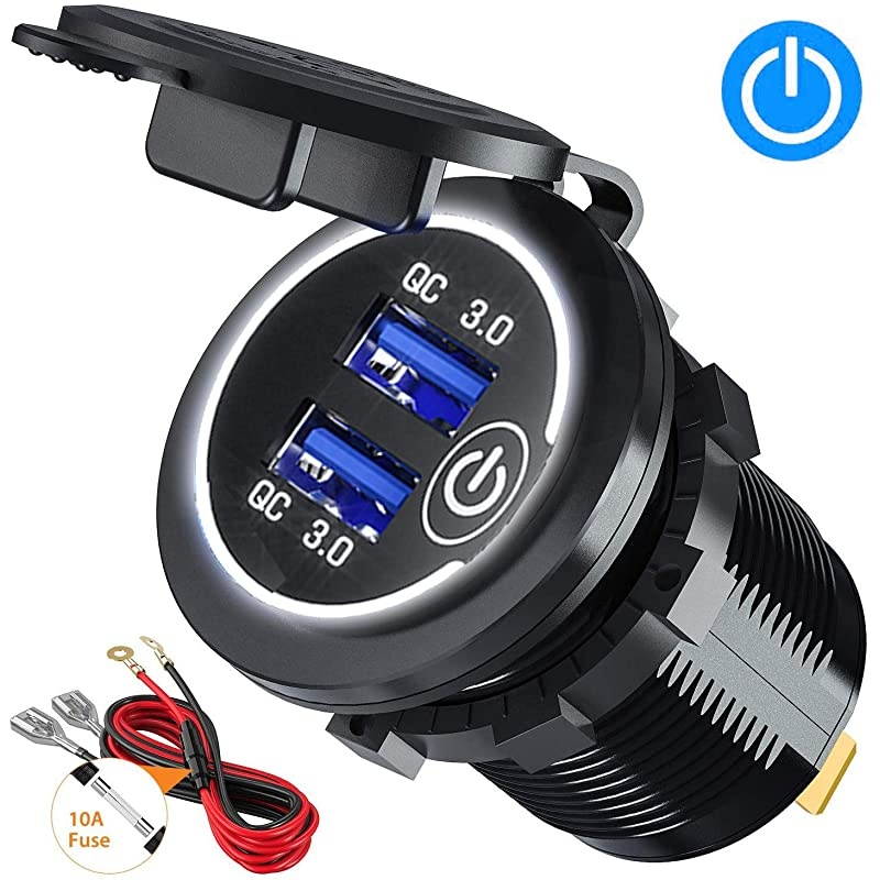 Charge 30 USB Car Charger Socket 12V24V 36W Dual QC30 USB Fast Charger Socket Power Outlet with LED Voltmeter for Marine Boat Motorcycle Truck Golf Cart Red White