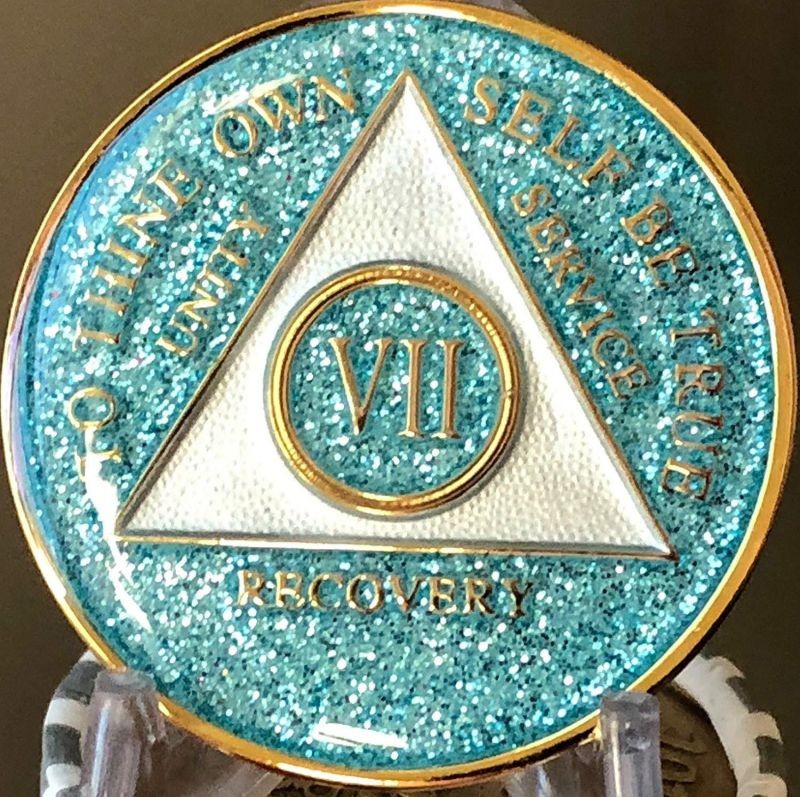 7 Year AA Medallion Aqua Glitter Tri-Plate Bling Bling Chip