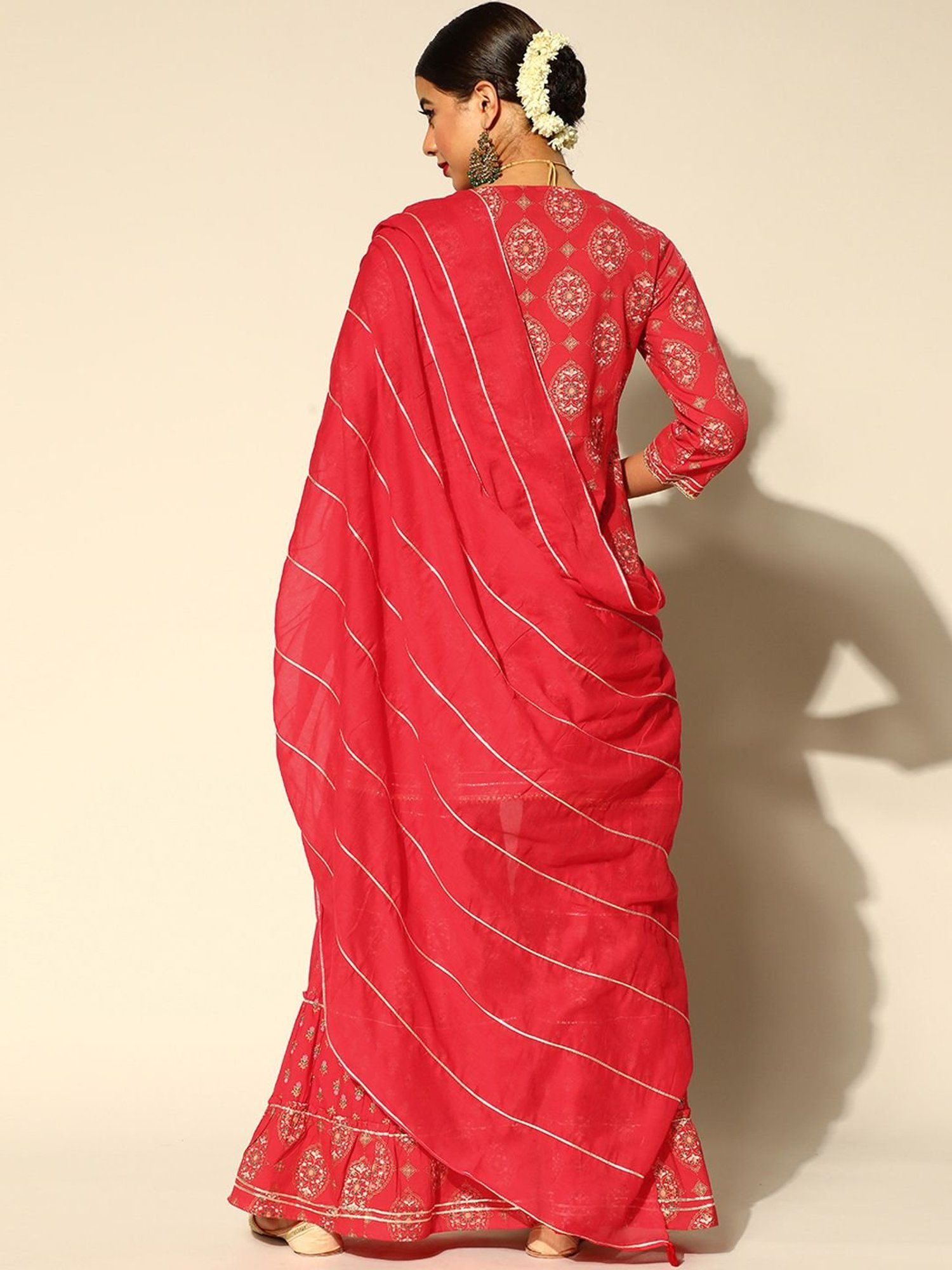 Ishin Red Printed Kurti Sharara Set With Dupatta