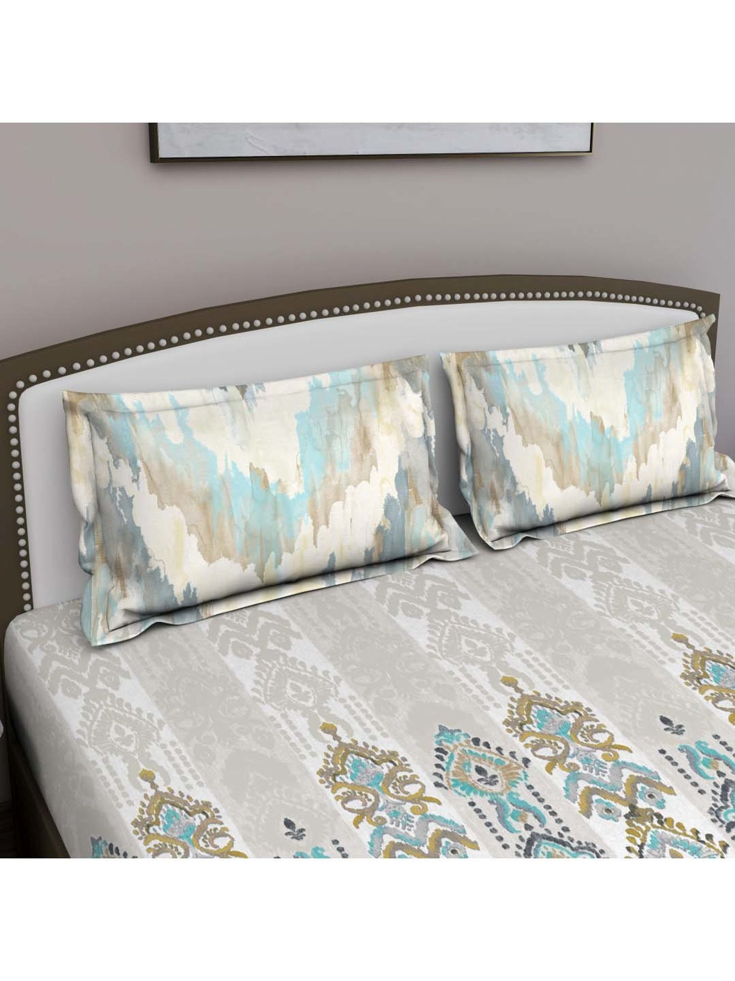 GM 'Fiesta' Blue & Beige Cotton 180 TC Double Bedsheet with 2 Pillow Covers