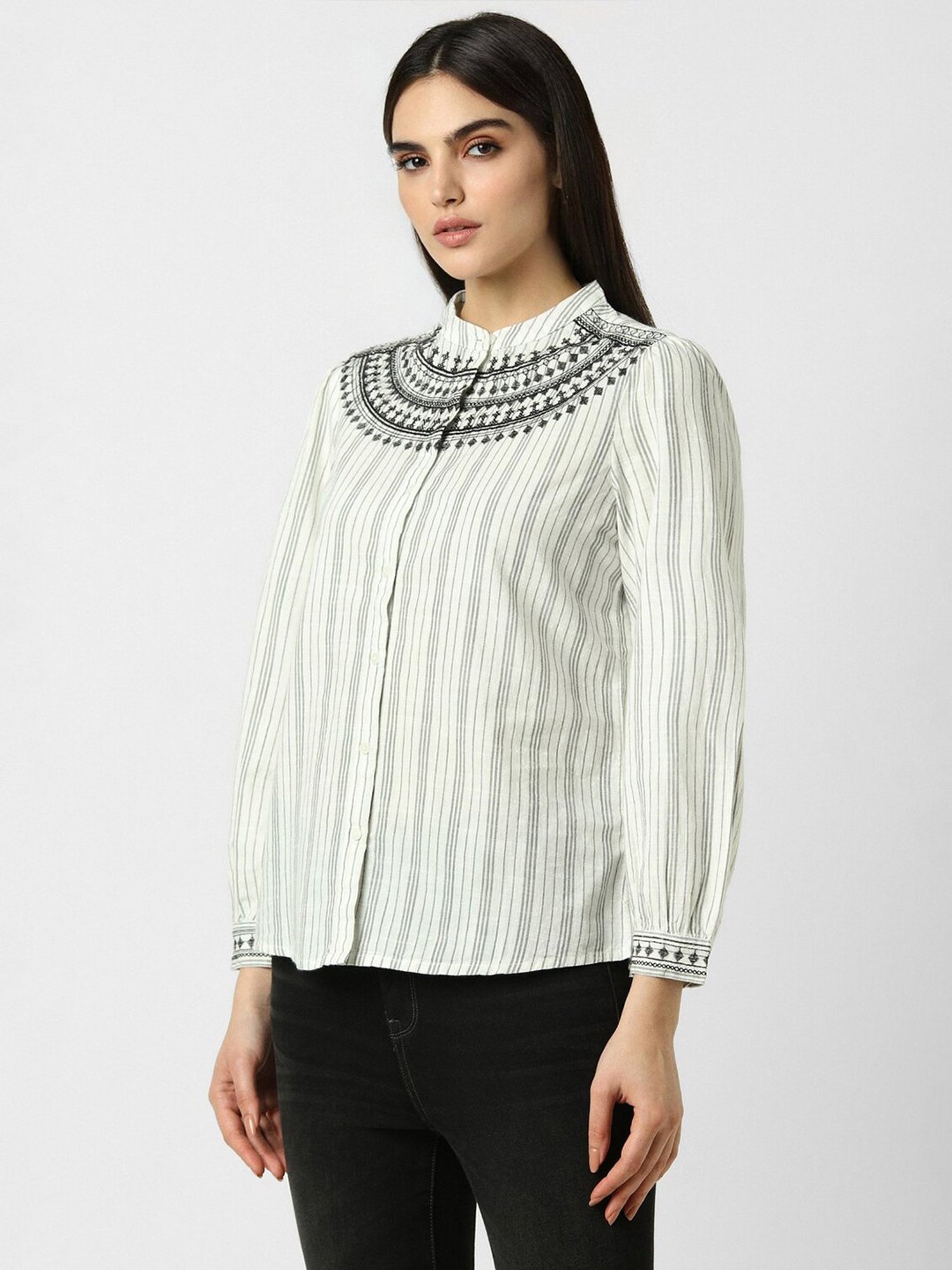 Van Heusen White & Black Cotton Striped Top