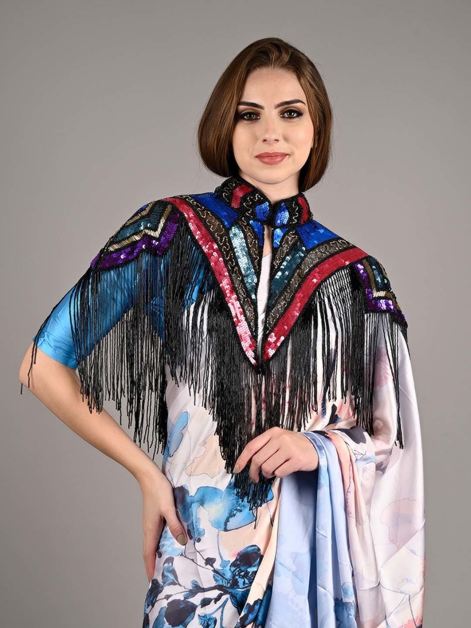 Odette Multicolored Embellished Fancy Short Cape