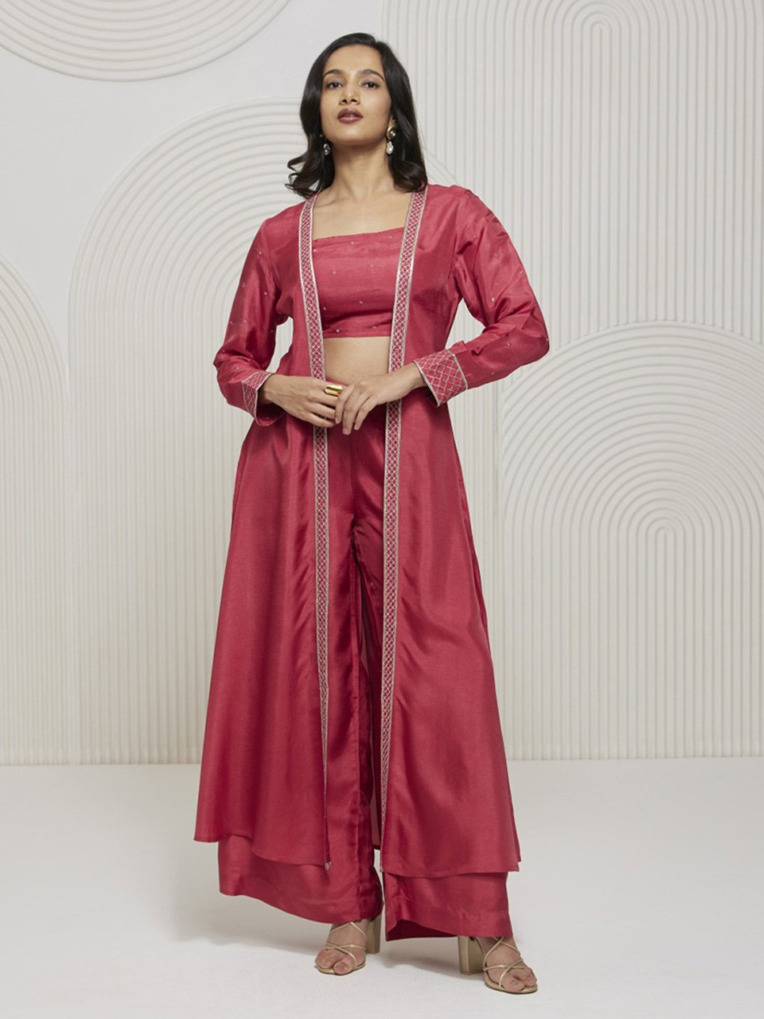 Artagai Tea Berry Romancing Aari Crop Top and Wide Leg Trousers with Midi-Jacket